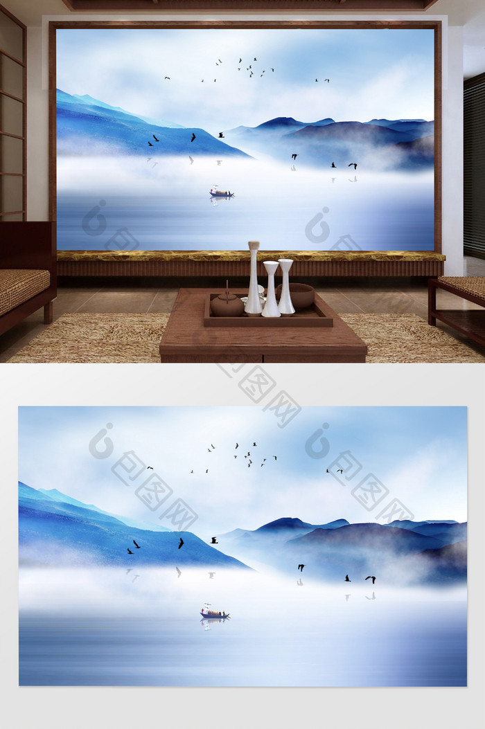 中国风蓝色水墨山水背景墙定制
