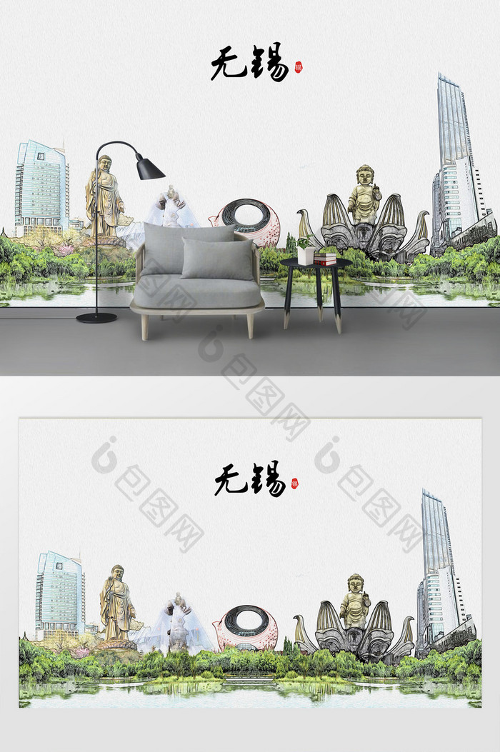 现代简约素描油画无锡城市剪影背景墙