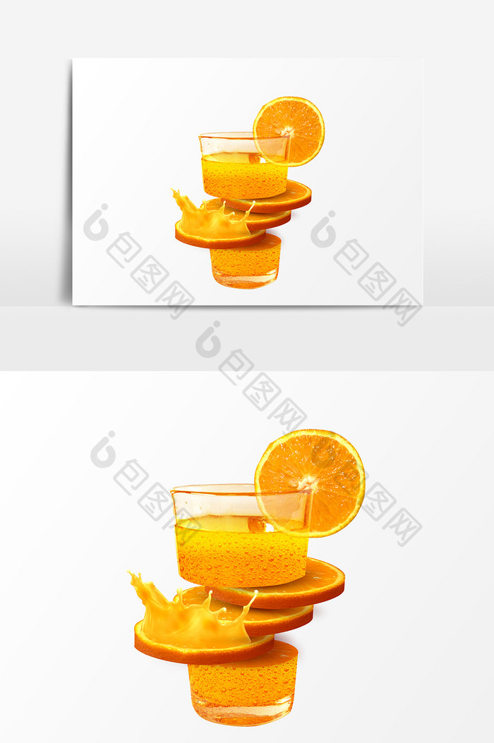 创意切开的玻璃杯的橙色果汁元素