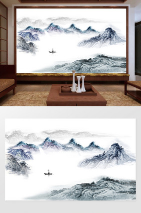蓝色国画新中式水墨国画抽象山水背景墙