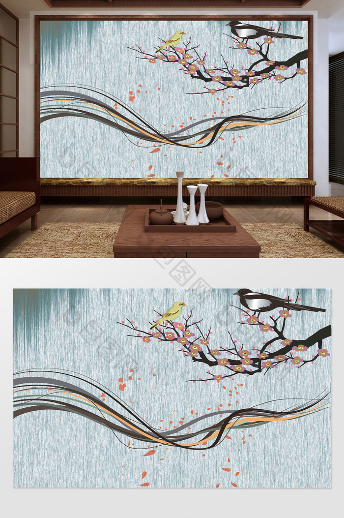 新中式花鸟抽象彩带电视背景墙