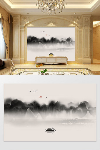 新中式黑白水墨渔船意境山水电视被机墙图片