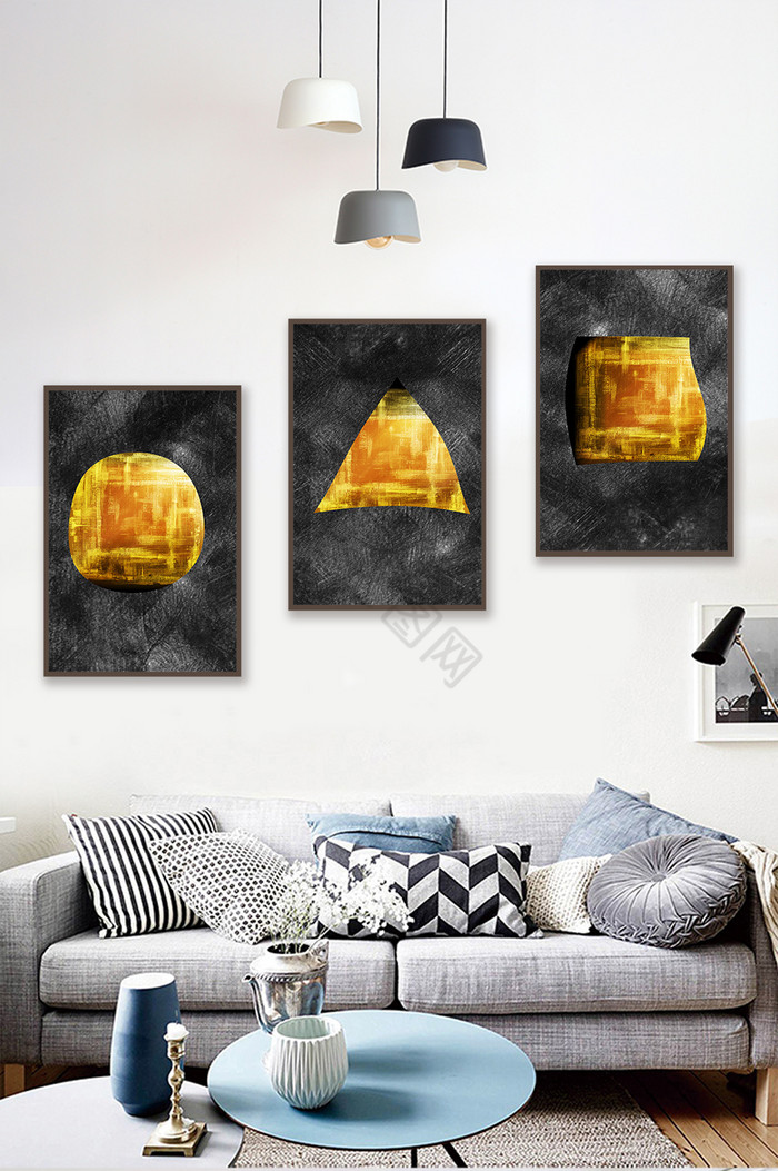 抽象金色几何色块客厅装饰画图片