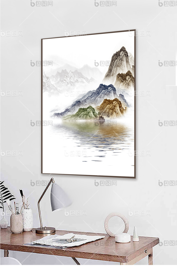 新中式现代艺术抽象金色水墨山水简约装饰画-新中式现代艺术抽象金色水墨山水简约装饰画效果图-【包图网】