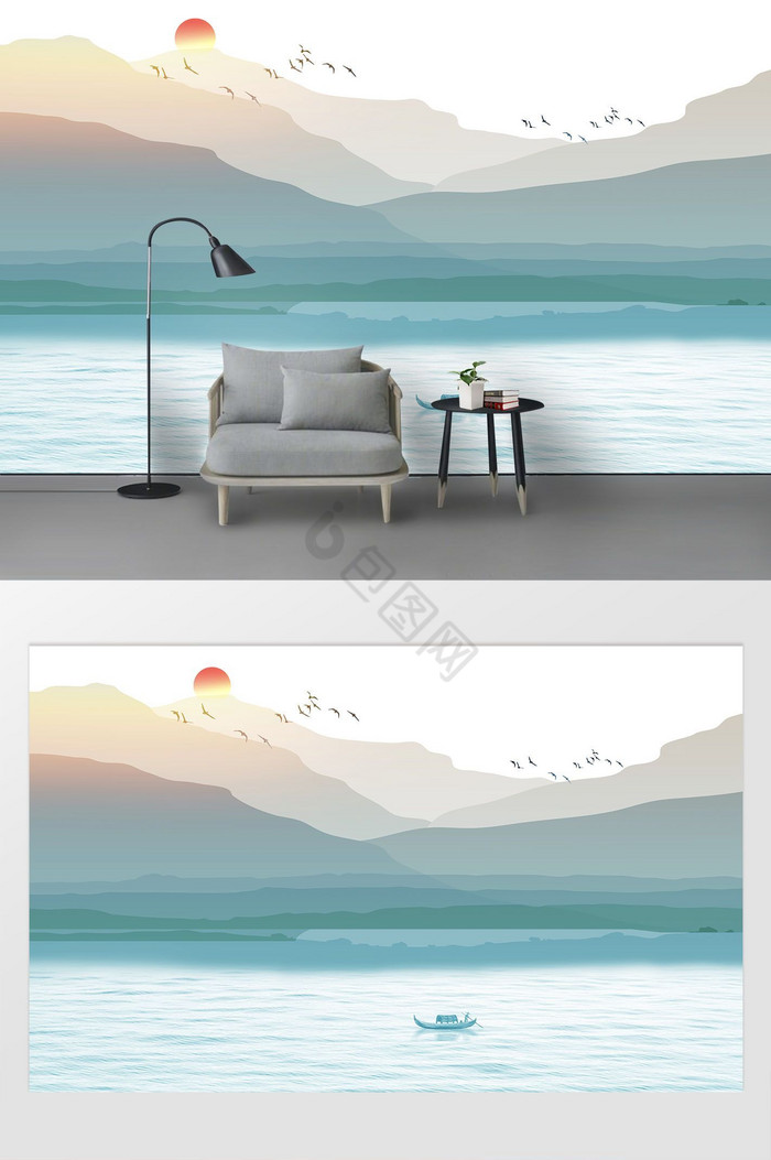 新中式蓝色水墨山水风景意境电视背景墙图片
