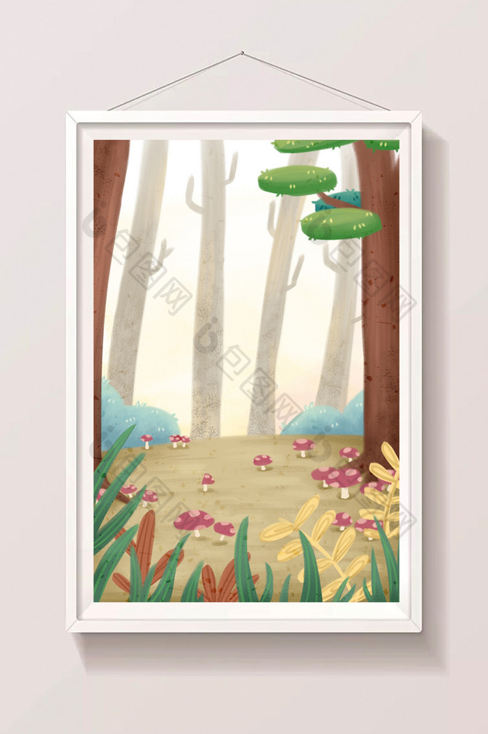 手绘蘑菇树林插画背景