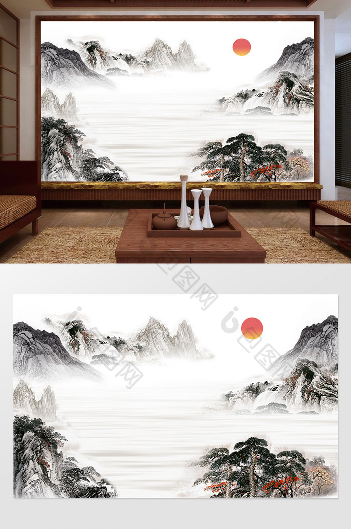 新中式水墨国画抽象山水背景墙江山风情