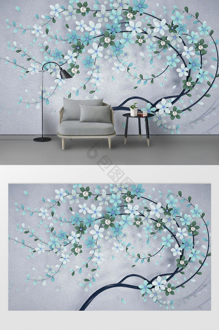 现代唯美典雅大气油画花卉珍珠蓝色背景墙图片