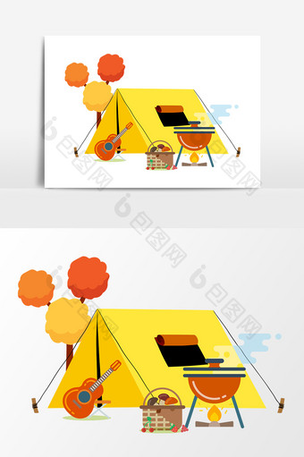 秋天野外帐篷游玩野炊矢量素材图片