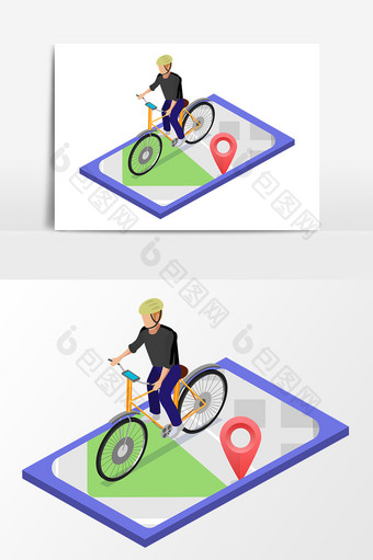 2.5D手绘自行车骑行手机地位插画素材图片
