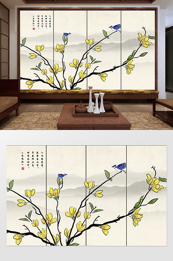 新中式水墨花鸟装饰背景墙图片