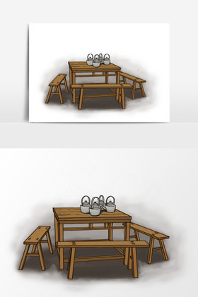 淡彩颜色国画的古代茶馆桌子