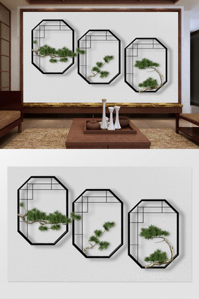 新中式3d立体花窗造型松枝浮雕背景墙