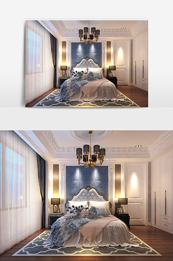 卧室效果图 米白色双人大床图片