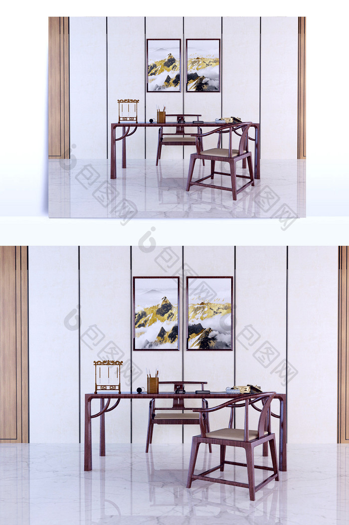 中式实木书桌椅 毛笔 砚台 装饰画