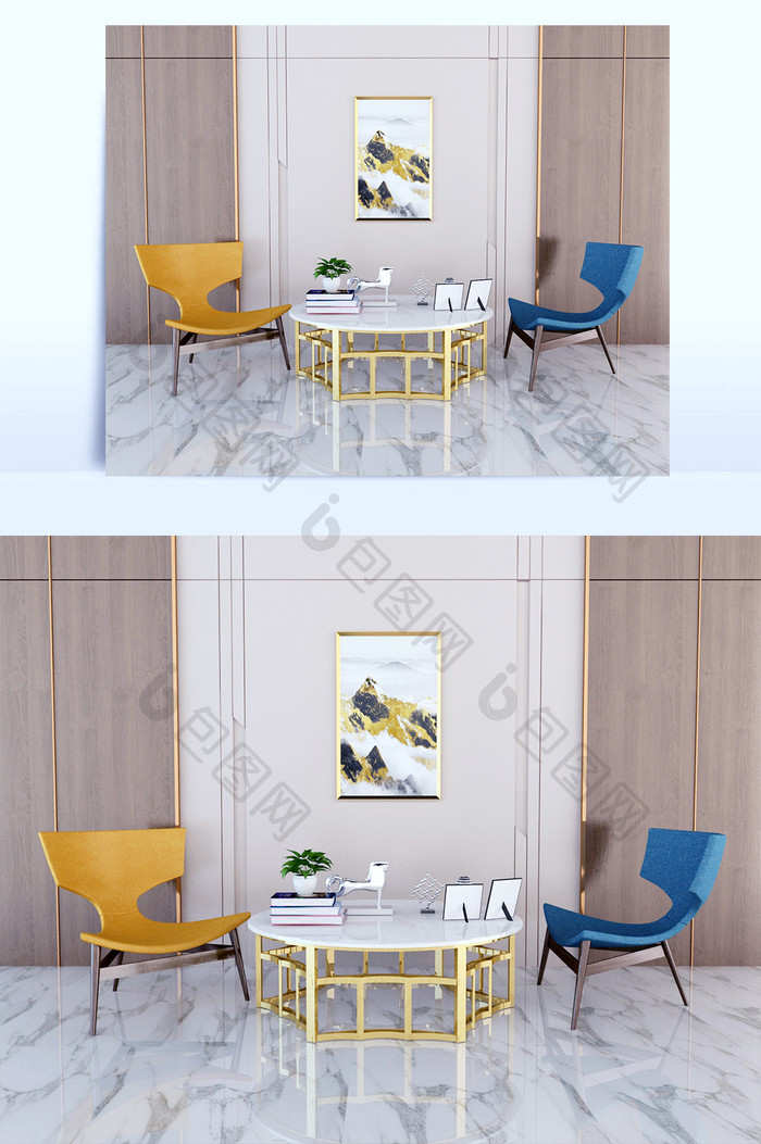 白面金腿矮桌 黄蓝色矮椅 装饰物 装饰画