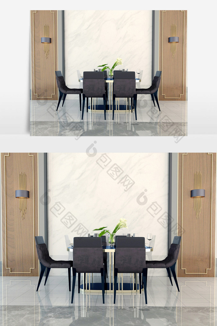 白色金属餐桌 黑色麻质餐椅 植物 餐具