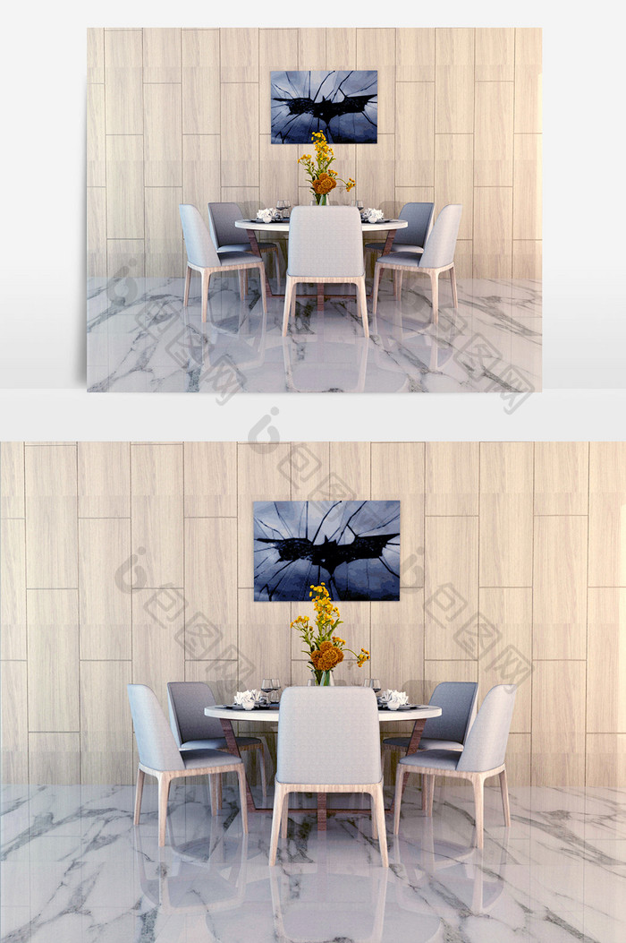 白色餐桌 浅灰色餐椅 餐具 植物 装饰画