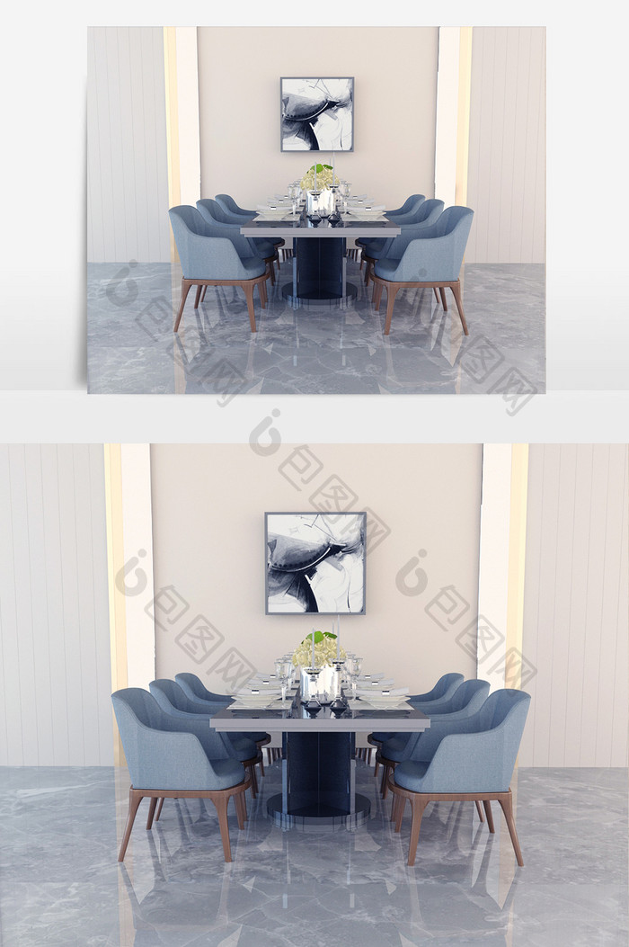 金属餐桌 蓝灰色餐椅 餐具 装饰品