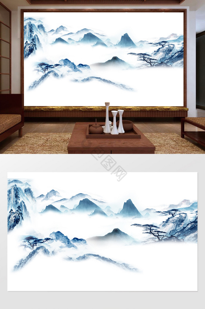 新中式水墨国画抽象山水背景墙世外桃源山水图片
