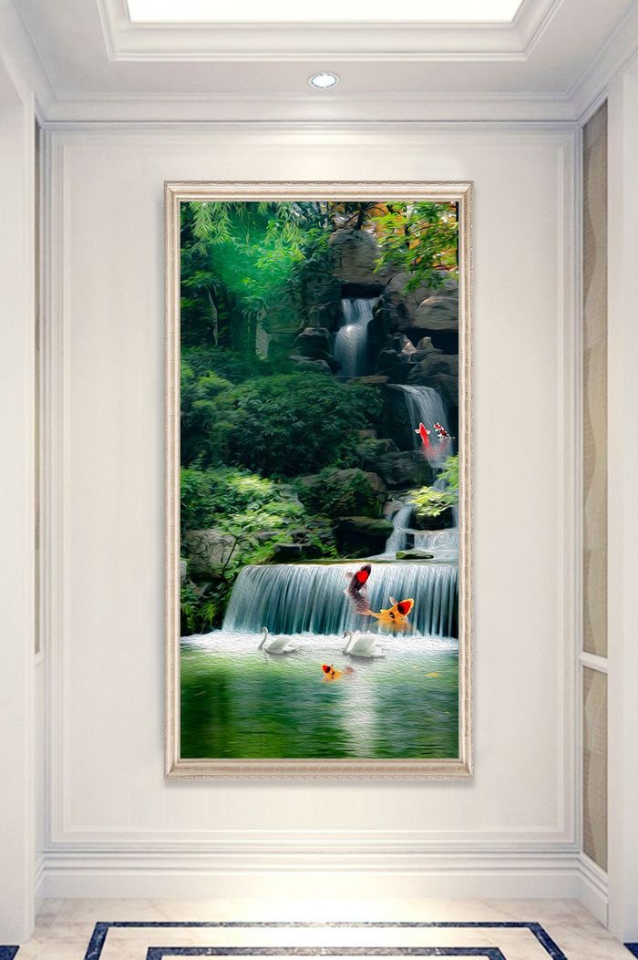 新中式山水画流水瀑布鱼儿戏水天鹅玄关装饰图片