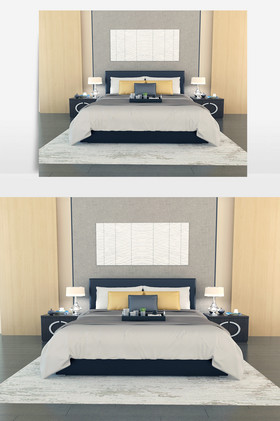 白色双人床 灰色床单 黑色实木床头柜
