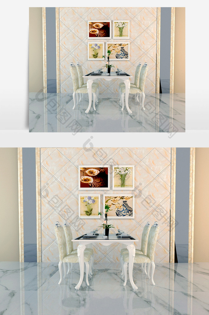 白色餐桌 餐椅 餐具 装饰品 装饰画