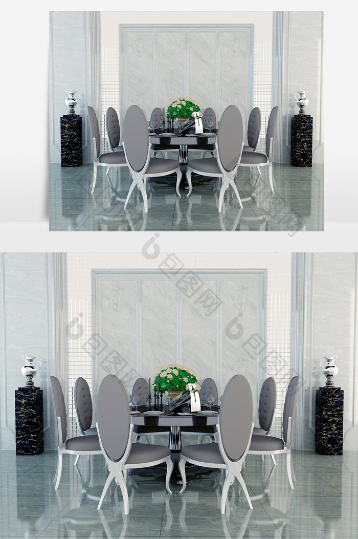 灰色餐桌 餐椅 装饰盆景 餐具 装饰物