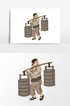 淡彩颜色国画的古代挑担干活人物