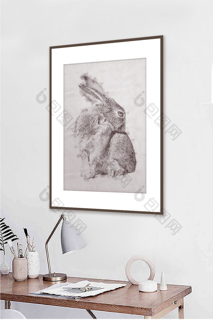 现代简约十二生肖兔彩铅素描客厅卧室装饰画