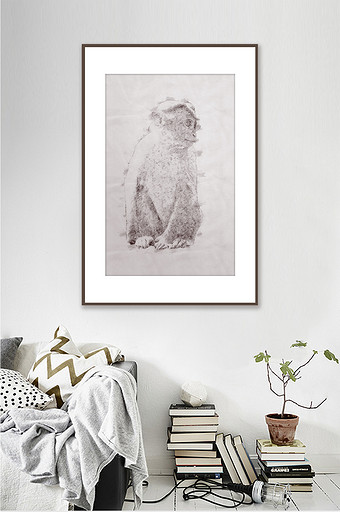 现代简约十二生肖猴彩铅素描客厅卧室装饰画图片