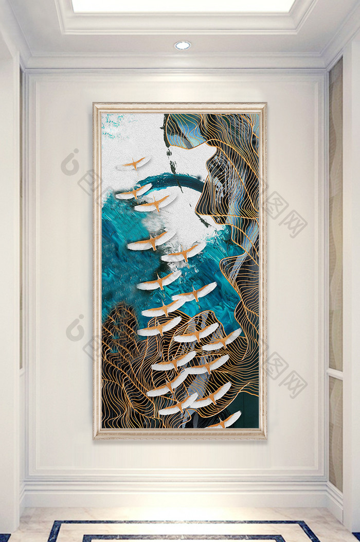 中式创意线中式千鸟飞翔抽象线条水彩装饰画
