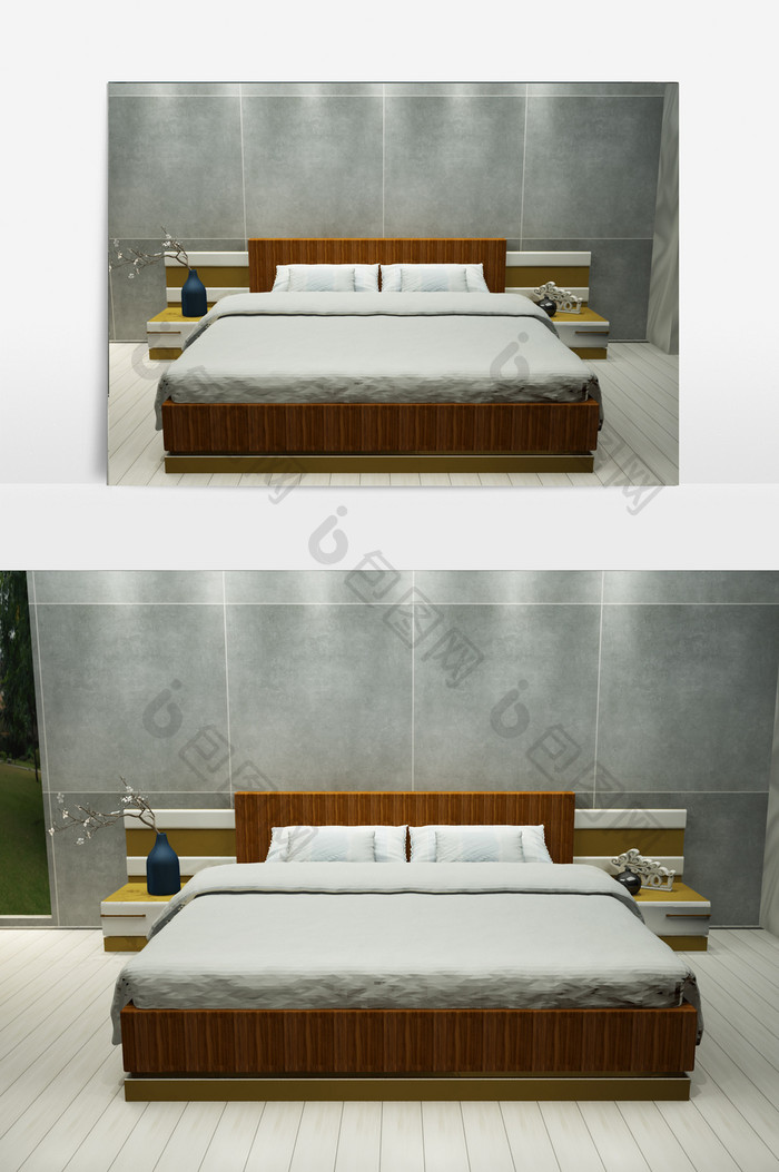 卧室原木混搭组合大床模型