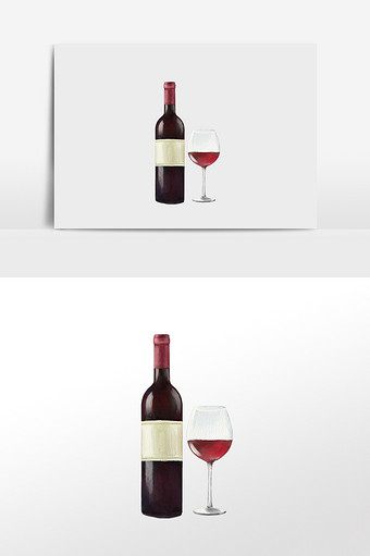 水彩手绘元素红酒瓶和酒杯图片
