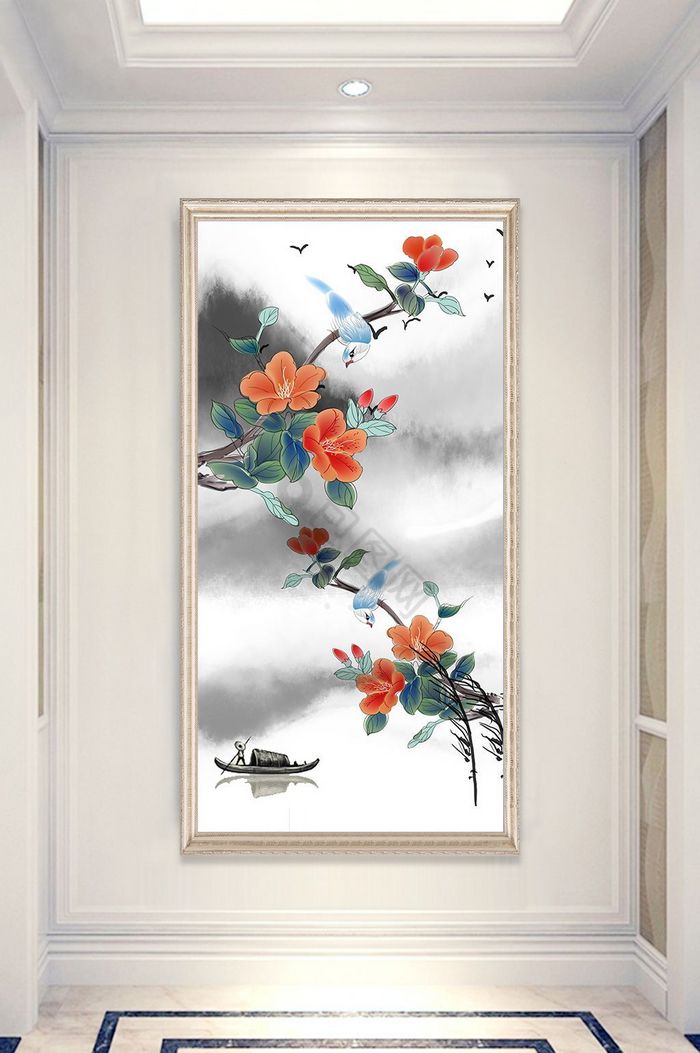 中式水墨油画树枝鸟儿小船玄关装饰画图片