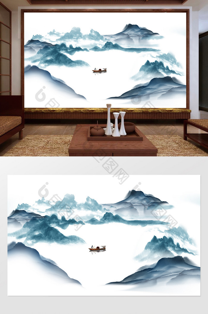 新中式水墨国画抽象山水背景墙九州山水