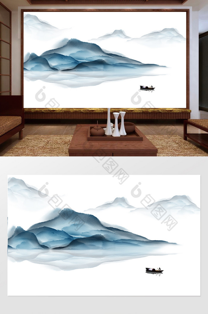 新中式水墨国画抽象山水背景墙高山印象