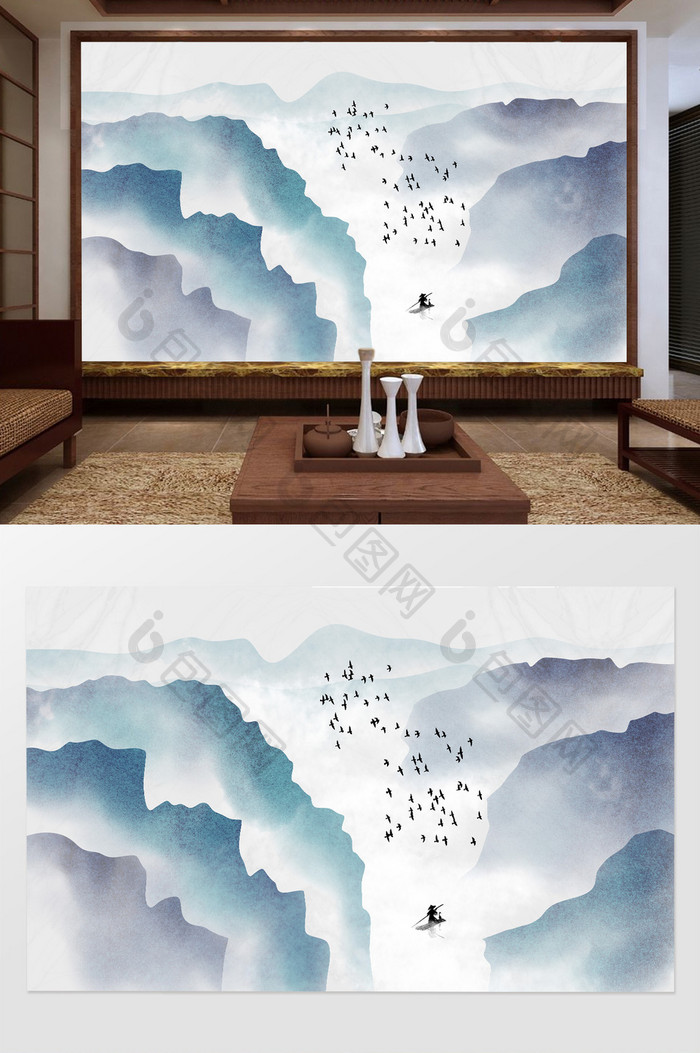 新中式彩色水墨水彩意境山水电视背景墙