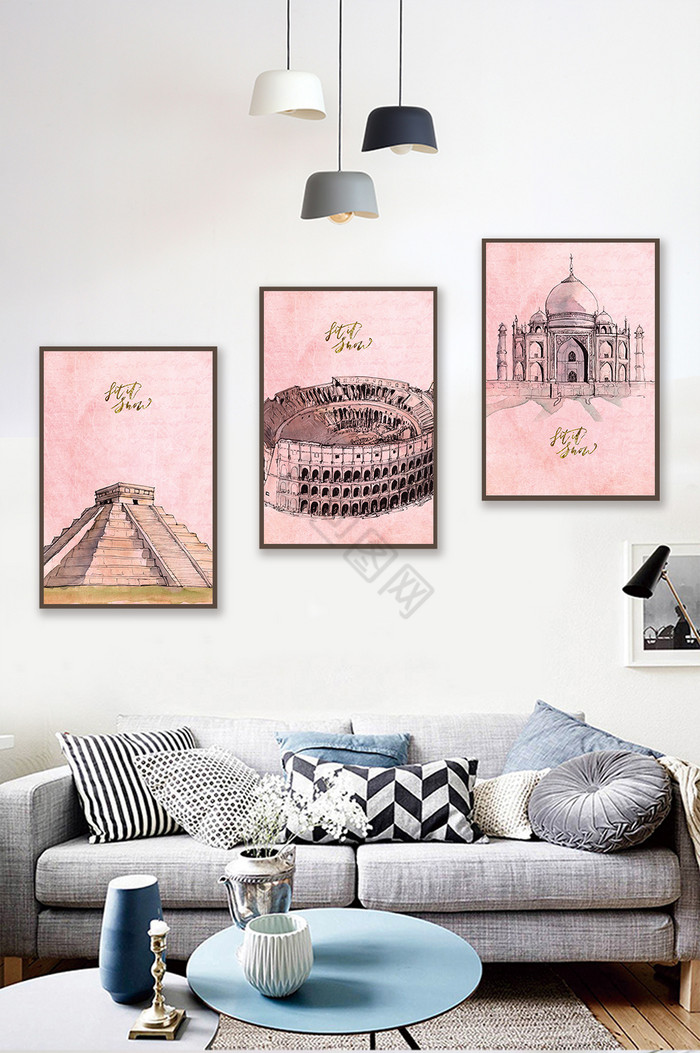 北欧线条著名建筑粉色装饰画素材背景墙图片