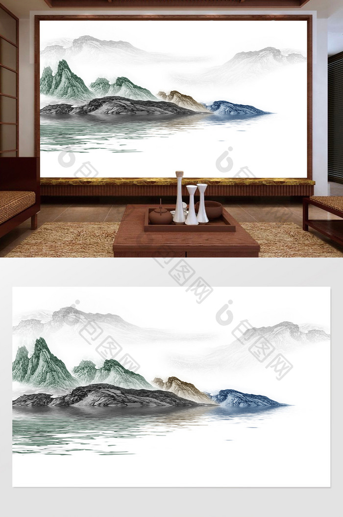 新中式水墨国画抽象山水背景墙水墨山河