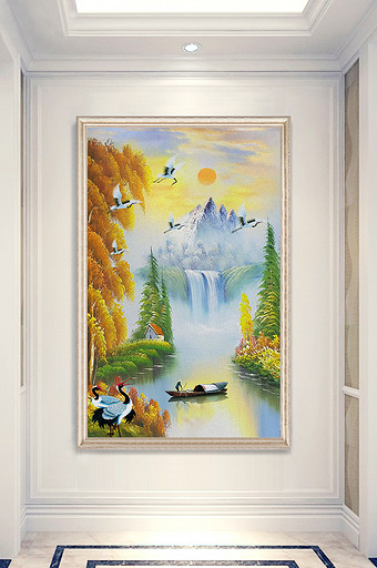 中式山水画白鹤小船玄关装饰画图片