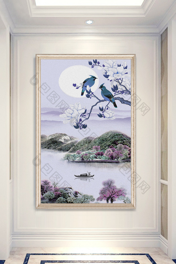 中式月光花卉鸟儿嘻戏山水画玄关装饰画.