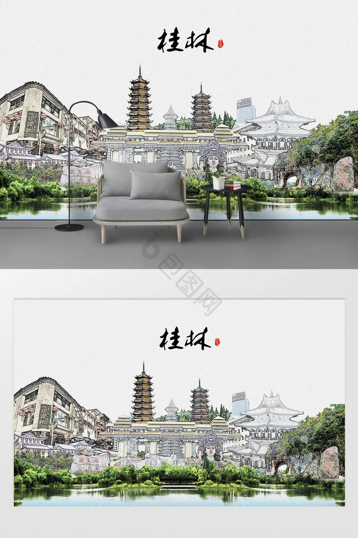 现代简约素描油画桂林城市剪影背景墙