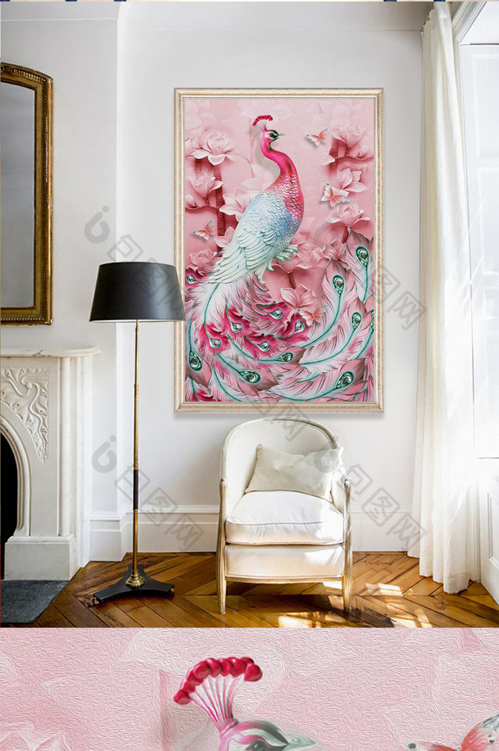 现代粉红欧式复古抽象浮雕孔雀玄关装饰画