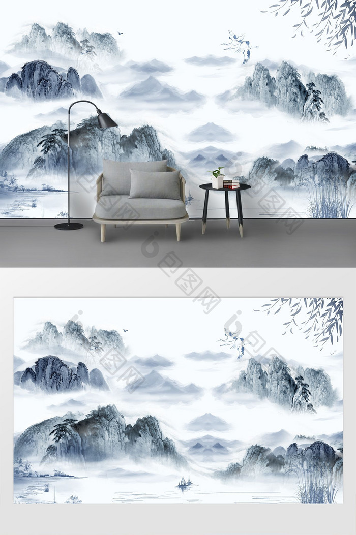 新中式水墨国画抽象山水背景墙碧水青山