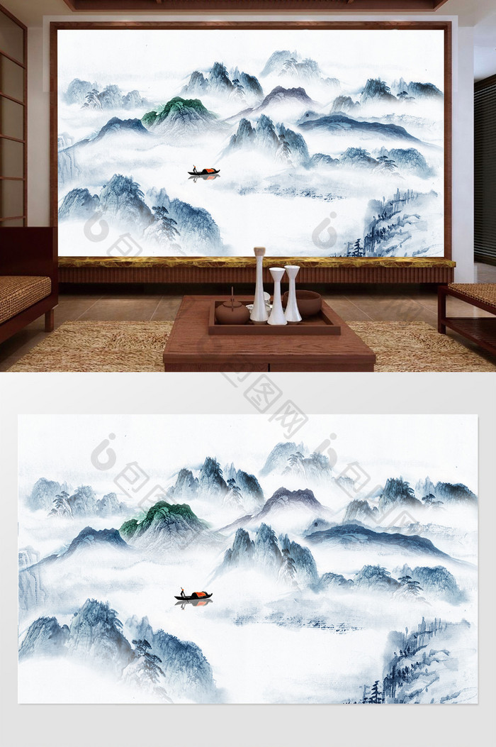 新中式水墨国画抽象山水背景墙山河雅韵