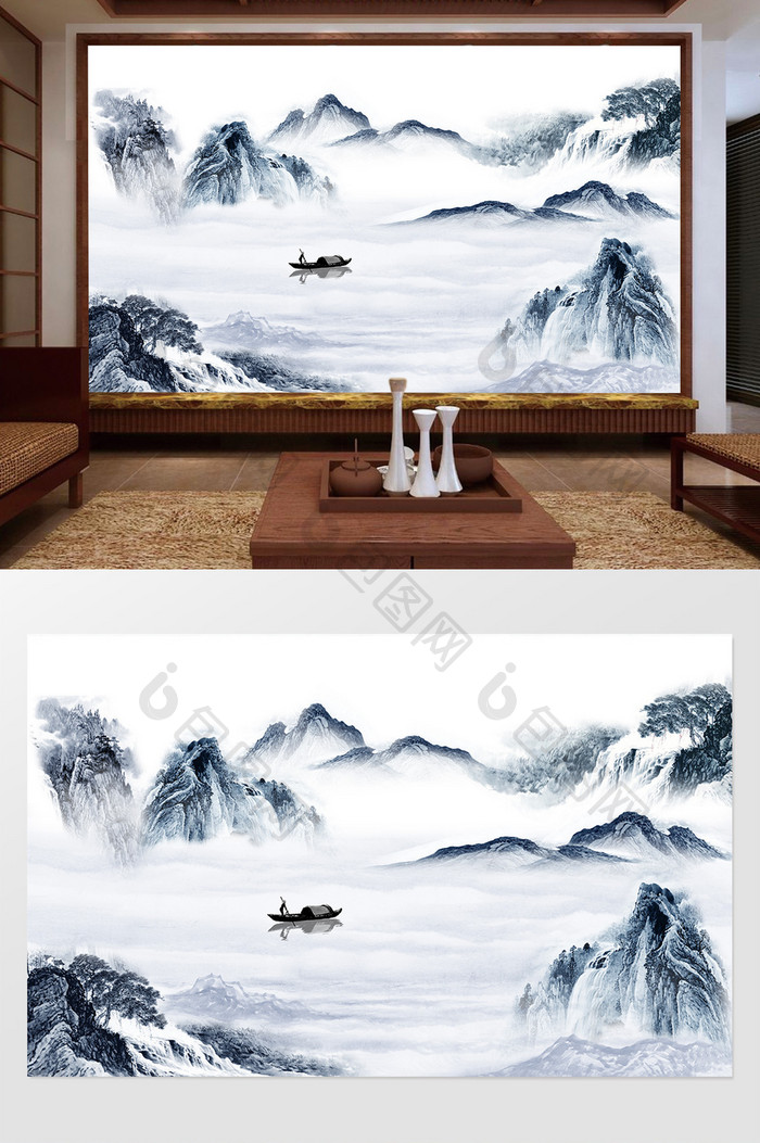 新中式水墨国画抽象山水背景墙高山流水