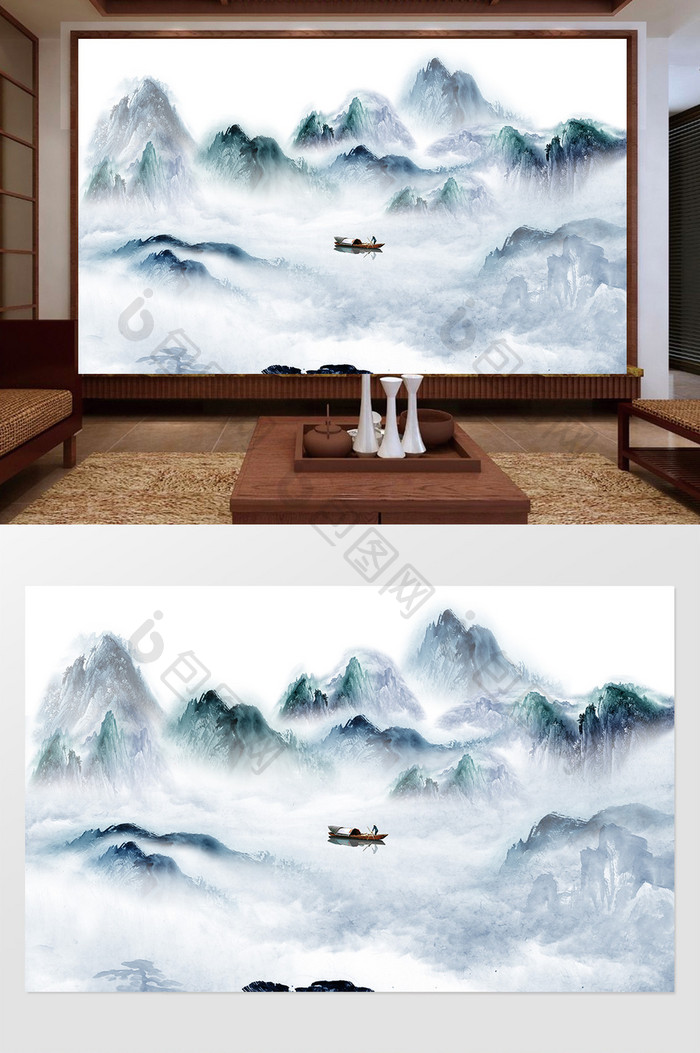 新中式水墨国画抽象山水背景墙印象