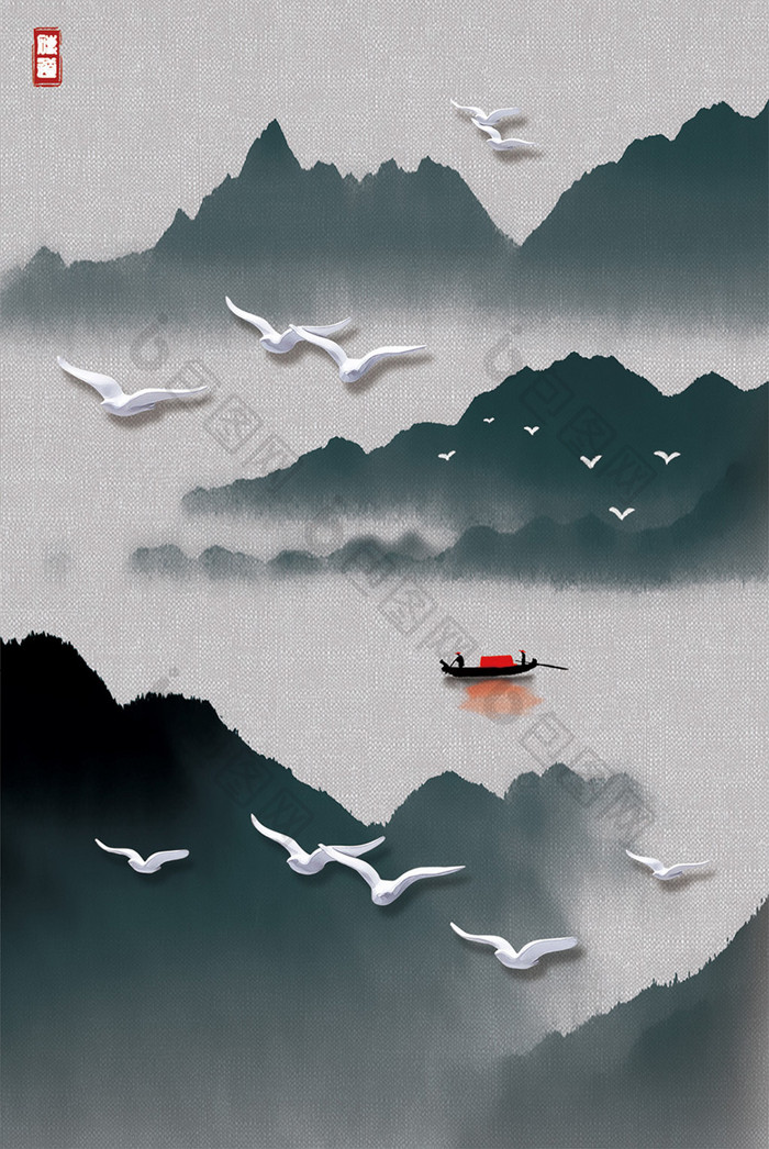 创意新中式水墨山水画立体飞鸟装饰画