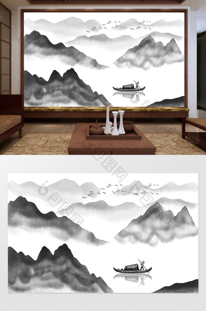 中式背景墙水墨山水画手绘壁画